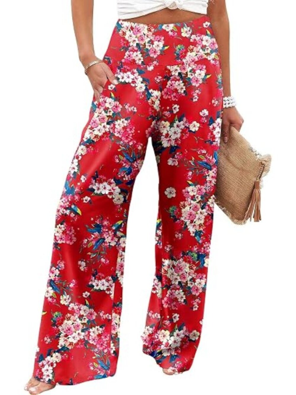 "Red Floral" LNC Womens Stretchy Wide Leg Lounge Palazzo Pants w/Pockets 3XL